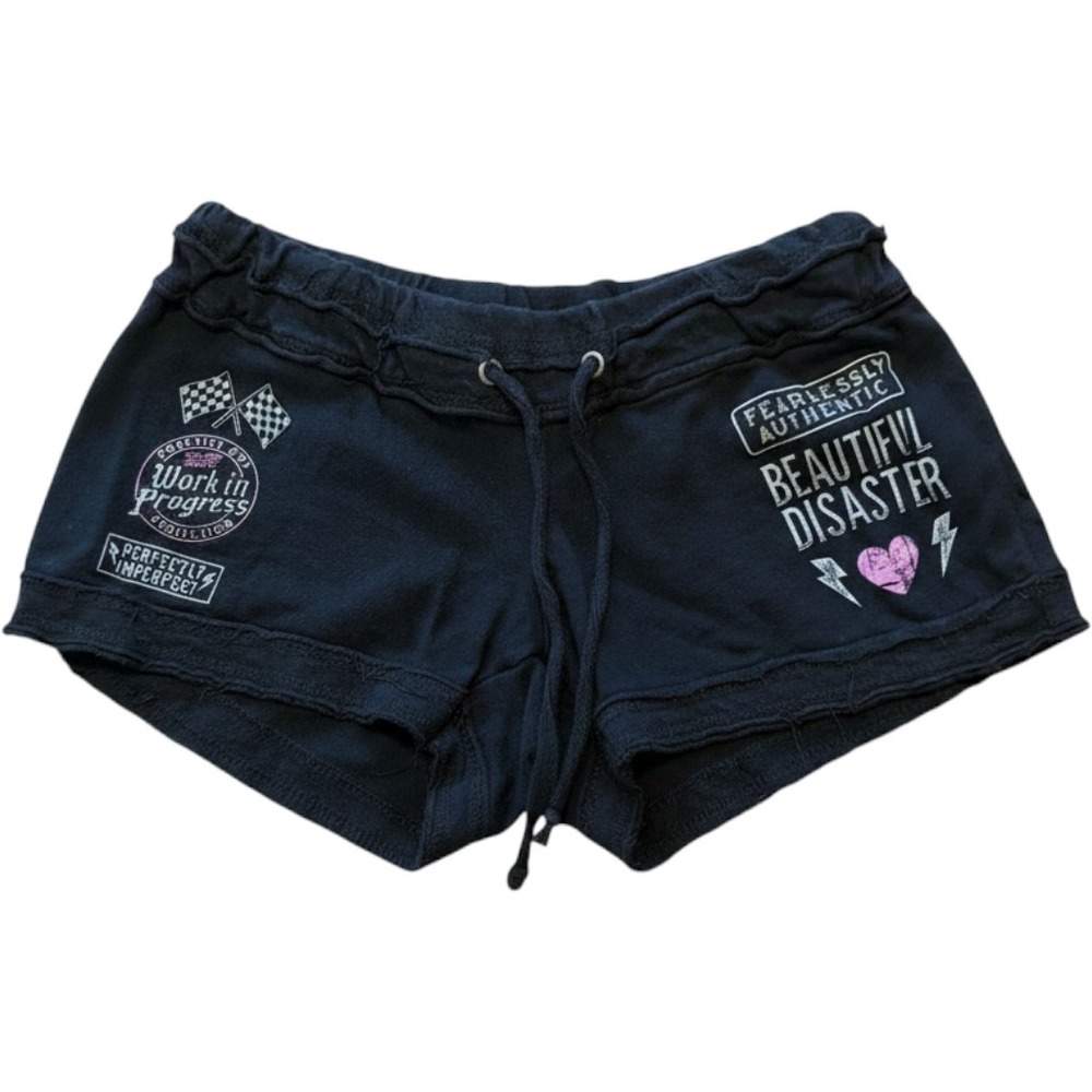 Beautiful Disaster Womens Black Graphic Lounge Shorts Drawstring Raw Hem Small